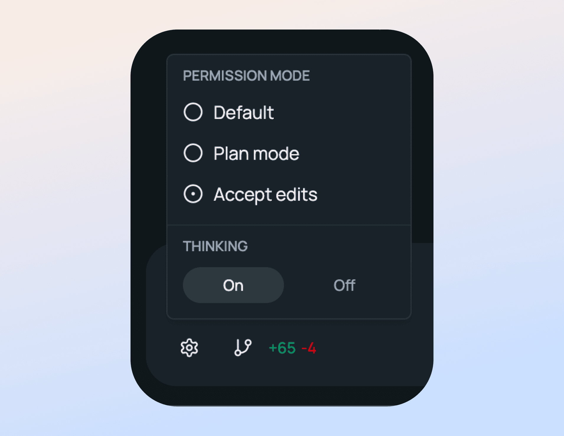 Permission mode and thinking settings in the T-Ex LLM app