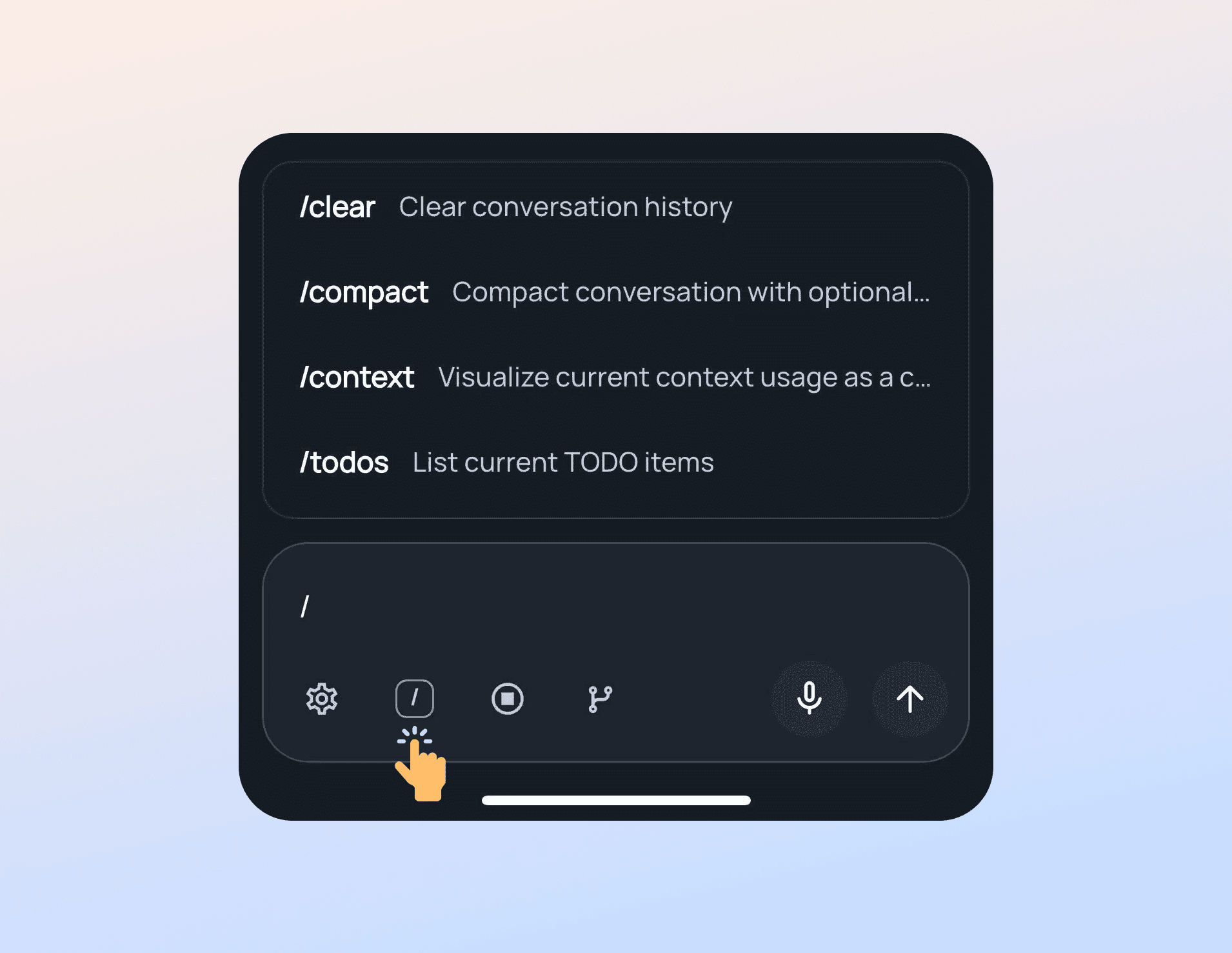 The slash command menu open in the T-Ex LLM chat