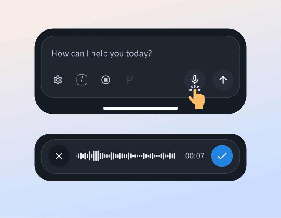 Dictating a prompt to a coding agent with Talk to Code in the T-Ex LLM mobile app
