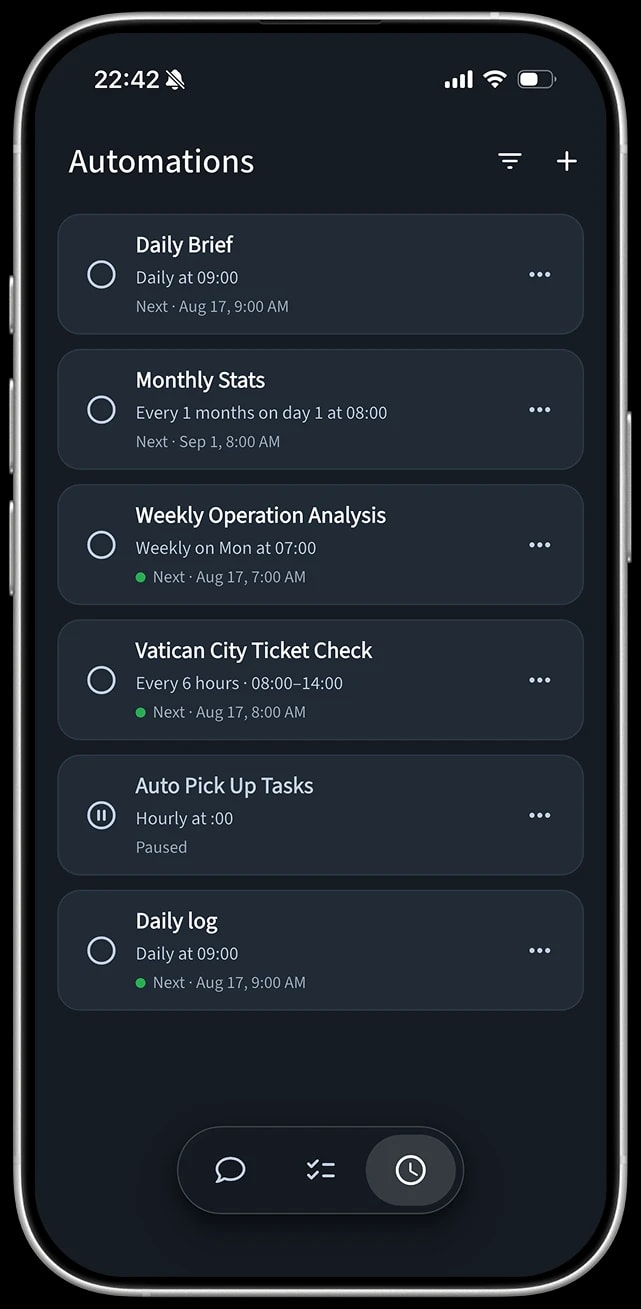 A list of scheduled automations in the T-Ex LLM mobile app