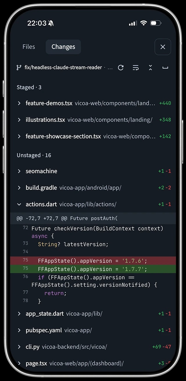 Reviewing a staged git diff in the T-Ex LLM mobile app