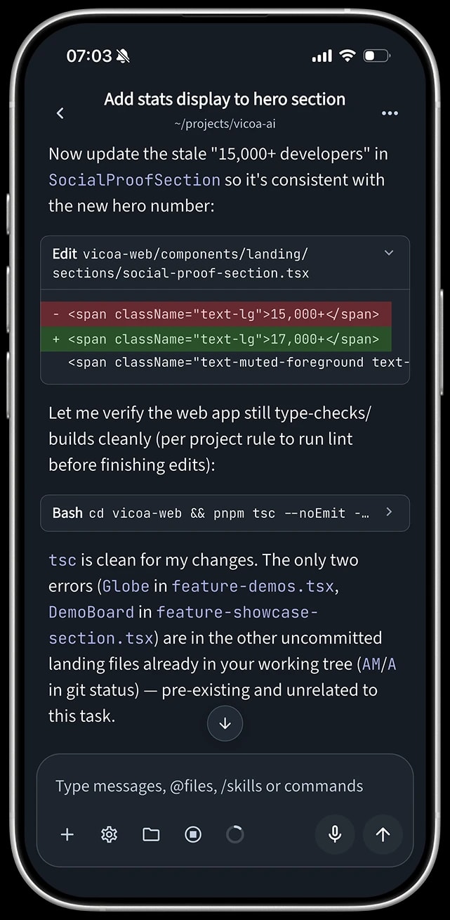 Chatting with a coding agent in the T-Ex LLM mobile app
