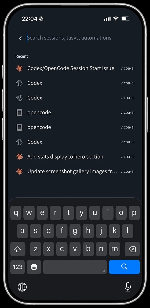 Searching sessions, tasks, and automations in the T-Ex LLM mobile app